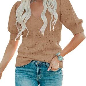 Foshow Womens Fall V Neck Puff Short Sleeve Sweater Loose Knit Dot Pullover